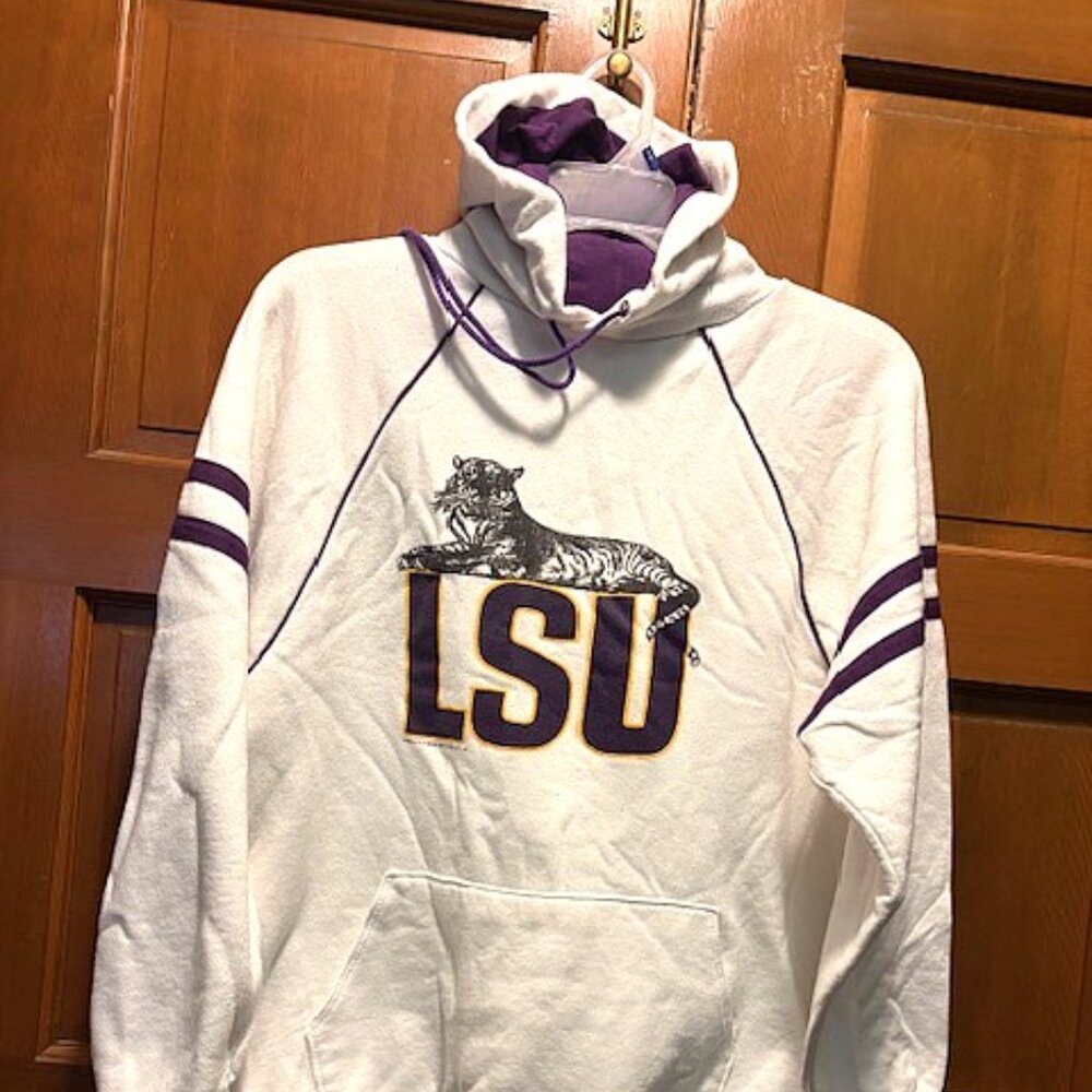 VTG LSU Tigers HOODED SWEATSHIRT ©Kelley & Abide Co LOGO white/purple trim Sz XL